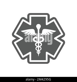 Pronto soccorso, simbolo vettore di emergenza medica. Rod of asclepius o esculapius, Caduceo con serpente, ems, er Icon. Illustrazione Vettoriale