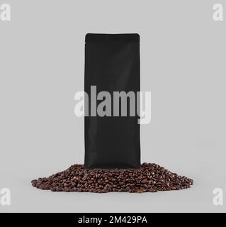 Fazzoletto nero con fazzoletto per caffè con valvola di degasaggio, presentazione su chicchi di caffè, isolato sullo sfondo. Sacchetto mockup premium, pacchetto per caffè, Foto Stock