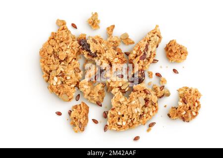 Biscotto di granola isolato su fondo bianco con profondità di campo completa. Vista dall'alto. Giacitura piatta. Foto Stock