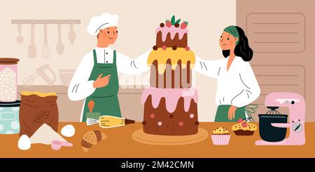 Pasticcerie al lavoro. Processo di creazione del dessert di nozze. Uomo e donna in cappellino e divise da chef. Disegno della torta. Persone che cucinano in cucina. Cupcakes e. Illustrazione Vettoriale