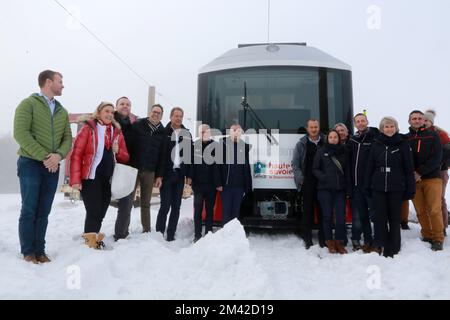 Inaugurazione des nouvelles motrices du Tramway du Mont-Blanc. Saint-Gervais-Les-Bains. Alta Savoia. Francia. Foto Stock