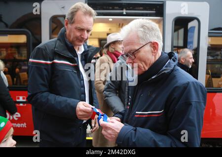 Inaugurazione des nouvelles motrices du Tramway du Mont-Blanc. Saint-Gervais-Les-Bains. Alta Savoia. Francia. Foto Stock