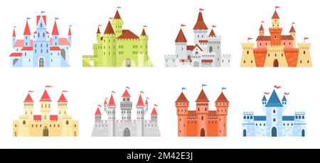 Regni e castelli. Palazzi reali medievali. Torri cartoni animati e mura della fortezza. Torretta con bandiere ondulate sulle guglie. Favolosa dimora della principessa Illustrazione Vettoriale