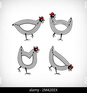Hen segno laser taglio collezione. Decorazione del giardino. Set di segni cortile di pollo per la lavorazione. Icone gallina. Illustrazione Vettoriale
