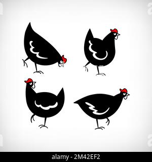Hen segno laser taglio collezione. Decorazione del giardino. Set di segni cortile di pollo per la lavorazione. Icone gallina. Illustrazione Vettoriale