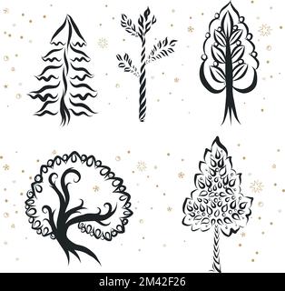 Incisione Doodle insieme abbozzato di Silhouette albero monocromatico. Composizione isolata in stile vintage di diversi tipi di alberi. Illustrazione disegnata a mano su Illustrazione Vettoriale