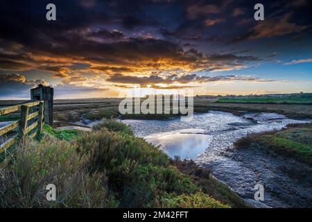 Thornham Old Harbour e paludi all'alba, Thornham, Norfolk, Inghilterra, Regno Unito Foto Stock