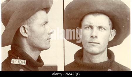 Ezra Owen, Inmate numero 4036, presso il penitenziario federale di Leavenworth. Esdra Owen è stata condannata a un anno e un giorno per larcenia nel 1904. Il sig. Owen ha avuta varie violazioni della prigione, che compreso essere interferito con le cipolle in suo possesso, ridere e parlare e mantenere un hack ha visto nel suo Bureau delle prigioni della cella, archivi del caso del Inmate. Foto Stock