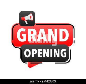 Annuncio di inaugurazione etichetta Megaphone. Bolla vocale dell'altoparlante. Illustrazione Vettoriale