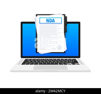 NDA - documento del contratto di non divulgazione sullo schermo del notebook, contratto. Privacy, documento di accordo. Illustrazione Vettoriale
