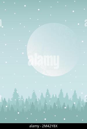 Fantasy luna in inverno paesaggio illustrazione. Crepuscolo foresta Illustrazione Vettoriale