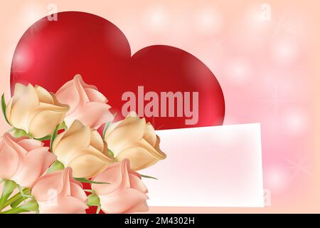 Un bouquet di rose rosa e beige, un grande cuore rosso e una carta per una firma su uno sfondo rosa. Il concetto di San Valentino. Immagine vettoriale. Illustrazione Vettoriale