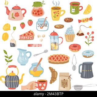 Tempo del tè. Utensili da cucina tazze teiera piatti per la colazione recenti vettoriali tazze in ceramica per il tè Illustrazione Vettoriale