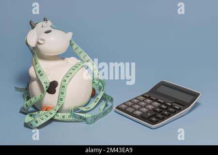 Conteggio delle calorie - composizione divertente con calcolatrice e mucca. Sfondo blu Foto Stock