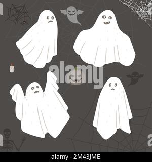 Collezione di graziosi fantasmi di stoffa con cartoni animati spaventosi, spoky e volti divertenti. Set di fantasmi volanti magici. Personaggi scricchiolanti per bambini. Illustrazione vettoriale del simbolo di Halloween del fantasma di Halloween Illustrazione Vettoriale