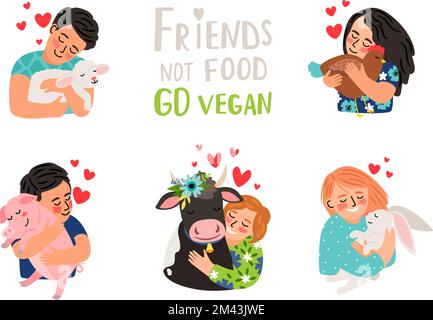 Amici non cibo. Vai vegan. I bambini piccoli abbracciano gli animali piccoli e mostrano loro il loro amore. Natura rispettare concetto e vegan. Illustrazione vettoriale dell'amicizia tra persone e animali Illustrazione Vettoriale