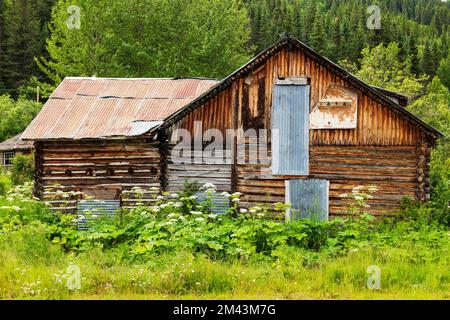 Casetta rustica e abbandonata; lago Dease; British Columbia; Canada Foto Stock