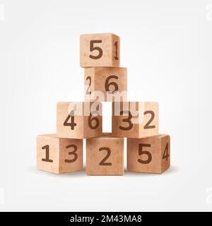 Mattoni di legno torre. 3d blocchi di legno realistici, numero cubo costruzione giocattolo per il gioco del bambino, mattone blocco giocattoli scuola capretto, bambino cubico stack gioco torri, creativo ordinato vettore illustrazione di blocco di legno Illustrazione Vettoriale