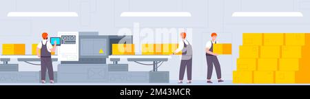 Addetti ai trasportatori di imballaggi. Moto di consegna in stand uniforme presso la linea di nastri di produzione con box di carico, robot industriali iot interno magazzino macchine, splendido vettore illustrazione trasportatore di fabbrica Illustrazione Vettoriale