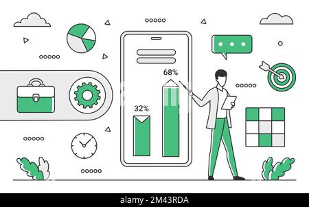 Presentazione cartografica mobile. Visualizzazione dei dati aziendali, generazione di rapporti statistiche dei risultati illustrazione del monocolor vettoriale Illustrazione Vettoriale