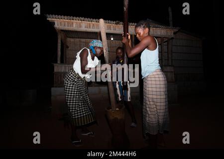 Donne che batte arachidi e farina di manioca in un grande mortaio di legno Foto Stock