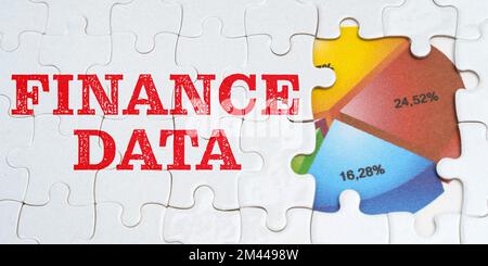 Economia e business concept. Sui puzzle bianchi c'è un'iscrizione - DATI FINANZIARI. Diagramma finanziario nella finestra tra i puzzle Foto Stock