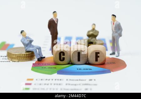 Concetto di business e finanza. Sulle relazioni finanziarie con diagrammi, figure di imprenditori e cubi di legno con l'iscrizione - CIF Foto Stock