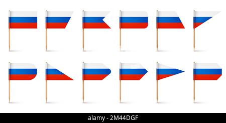 Realistiche bandiere russe diverse stuzzicadenti. Souvenir dalla Russia. Stuzzicadenti in legno con bandierina di carta. Contrassegno di posizione, puntatore della mappa. Mockup vuoto per Illustrazione Vettoriale