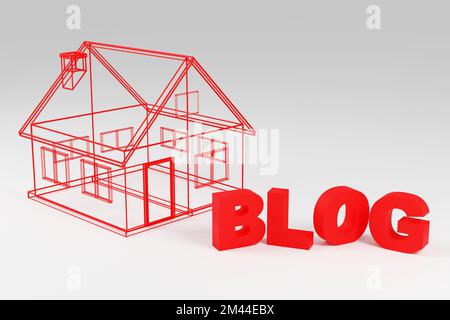 Blog di scrittura a reticolo di lusso sul podio grigio, luce soffusa, vista frontale sfondo liscio, rendering 3D Foto Stock