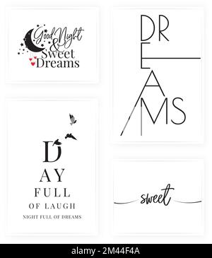 Buona notte e sogni dolci, vettore. Poster dal design minimalista in quattro pezzi. Opere d'arte, opere d'arte Illustrazione Vettoriale
