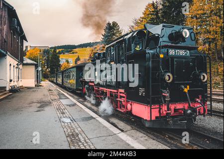 La ferrovia a scartamento ridotto Fichtelbergbahn si trova di fronte all'inizio di Oberwiesenthal, presso la stazione Oberwiesenthal, Sachsen, Deutschalnd Foto Stock