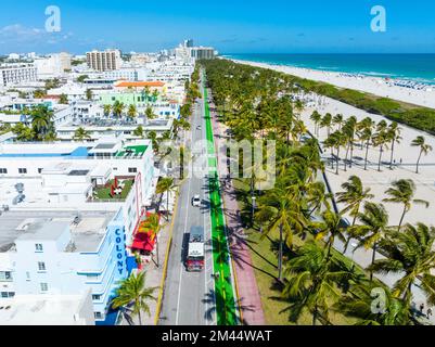 Vista aerea, quartiere Art Deco e Lummus Park Ocean Drive, South Beach Miami Beach, Florida, USA Foto Stock