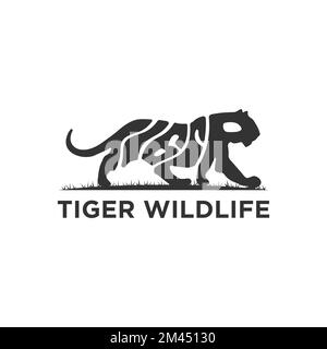 Tiger Wildlife animale logo vettore, icona con Warp testo a forma di un animale Tiger illustrazione Illustrazione Vettoriale