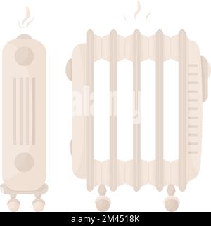 Riscaldamento domestico moderno. Batteria per riscaldamento ambiente. Illustrazione vettoriale. Due tipi di radiatori per apparecchi elettrici in stile piano cartoon. isolato su whit Illustrazione Vettoriale