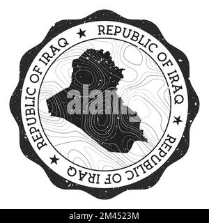 Francobollo all'aperto della Repubblica dell'Iraq. Adesivo rotondo con mappa del paese con isoline topografiche. Illustrazione vettoriale. Illustrazione Vettoriale