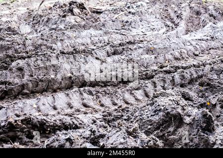 Lavori di costruzione. Fuoristrada. Suolo arato. Tracce del lavoro di attrezzature pesanti. La struttura della greppia. Scavato fuori terra in città. Cingoli pneumatici da Foto Stock