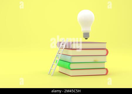 3D. pila di libri con scala bianca e lampadina illuminata sopra di loro. Foto Stock