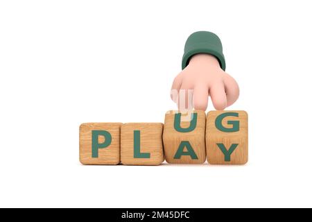 3d. La mano gira i dadi e cambia la parola 'plug' in 'play'. Foto Stock