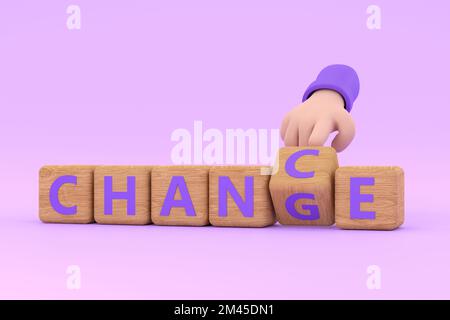 3d. La mano gira i dadi e cambia la parola 'chance' in 'change'. Foto Stock