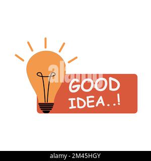 Un disegno di una lampadina con un testo di 'buona idea' isolato su uno sfondo bianco Illustrazione Vettoriale