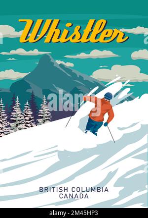 Whistler Travel Ski Resort poster vintage. Canada, British Columbia winter landscape Travel card Illustrazione Vettoriale