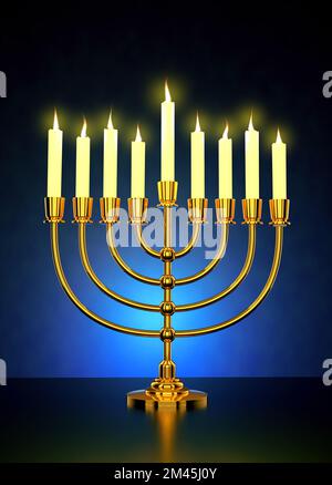 Happy Hanukkah - Golden Realistic Menorah, Candle Stand Candelabrum with Lit Candles - 3D Illustrazione Render Foto Stock