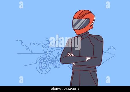 Motociclista in abbigliamento per motociclette da equitazione professionali e casco protettivo che copre viso e occhi. Umano con la moto per le corse estreme si alza su strada e guarda in lontananza. Disegno vettoriale piatto Illustrazione Vettoriale