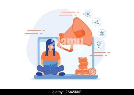 Paga di PPC per la pubblicità di scatto nel Internet. Strategia di marketing per la promozione aziendale. Pagare per banner sulla pagina web, piatto vettore moderno illustrat Illustrazione Vettoriale