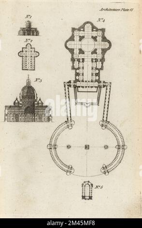 Sezione 1 e pianta della Basilica di San Agostino a Roma, sezione 3 e piano 4 della Basilica di San Pietro a Roma, e piano della cappella cattolica a Versailles. Incisione su copperplate dalla rivista The Artist’s Repository and Drawing Magazine di Francis Fitzgerald, Charles Taylor, Londra, 1785. Foto Stock