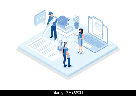 Personaggi che celebrano con successo, con cappello accademico, concetto di laurea, disegno vettoriale isometrico moderno Illustrazione Vettoriale