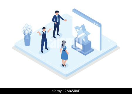 Vincitori con premio, personaggi che celebrano la vittoria al primo posto con altri trofei vincenti, obiettivi aziendali, concetto di successo e successo, isometrico Illustrazione Vettoriale