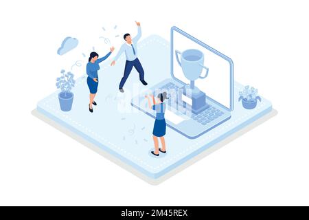 Vincitori con premio, personaggi che celebrano la vittoria al primo posto con coppa d'oro, obiettivi aziendali, concetto di successo e successo, modalità vettoriale isometrica Illustrazione Vettoriale