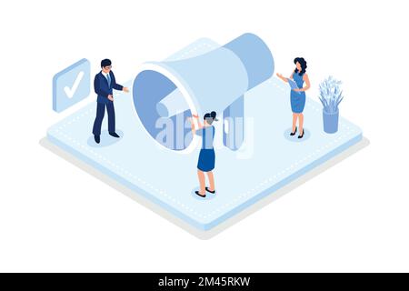Scene di promozione sui social media. Personaggi che utilizzano un grande altoparlante per comunicare con il pubblico, vettore isometrico illustrazione moderna Illustrazione Vettoriale