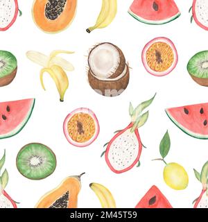 Frutti tropicali acquerello modello senza cuciture, cocco disegnato a mano, kiwi, anguria, papaia, frutto del drago, banana, carta digitale al limone, foglie di mostera Foto Stock